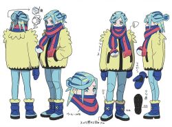 1boy aqua_hair blue_boots blue_eyes blue_hair blue_mittens blue_scarf boots concept_art grusha_(pokemon) jacket long_hair long_sleeves looking_at_viewer male_focus mittens nintendo official_art pants poke_ball_print pokemon pokemon_sv reference_sheet scarf scarf_over_mouth solo striped_clothes striped_scarf two-tone_scarf yellow_jacket
