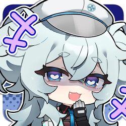 +++ 1girl :3 :d artist_request blue_eyes chibi chibi_only chinese_commentary florence_(girls&#039;_frontline_2) girls&#039;_frontline girls&#039;_frontline_2:_exilium grey_hair hand_to_own_mouth hat heart heart-shaped_pupils laughing looking_at_viewer lowres official_art open_mouth pa-15_(girls&#039;_frontline) peaked_cap second-party_source smile solo symbol-shaped_pupils transparent_background