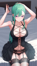 1girl absurdres alternate_costume armpits arms_up asymmetrical_bangs babydoll bare_shoulders bed black_babydoll black_panties breasts center_cross_lace cleavage collarbone commentary_request commission criss-cross_straps garter_straps grey_hair hair_tie high_ponytail highres holding holding_hair_tie indoors lace lace_garter_belt lace_panties lace_thighhighs large_breasts light_blush light_smile long_hair looking_ahead mole mole_on_breast navel nikichiho on_bed panties ponytail purple_eyes sitting skeb_commission sleepwear solo thighhighs tying_hair underwear virtual_youtuber vspo! yakumo_beni