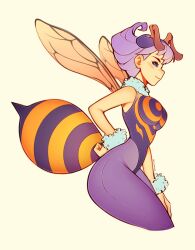 1girl abdomen_tail antennae arthropod_girl artist_name bee bee_girl blue_eyes breasts bug capcom closed_mouth darkstalkers from_side fur_collar fur_trim highleg highleg_leotard highres impossible_clothes insect insect_girl insect_wings large_breasts leotard monster_girl oxcoxa pantyhose profile purple_hair purple_pantyhose q-bee short_hair simple_background smile solo stinger wide_hips wings yellow_background