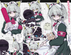 &gt;_&lt; 1girl 1other alternate_costume animal_ears annoyed apron arknights armband ascot bandages black_coat cat_ears chibi choshanland_plushy_(arknights) coat commentary_request cropped_torso doctor_(arknights) dress feet_out_of_frame frilled_apron frills green_dress green_eyes green_hair grid_background hat highres holding holding_syringe hood hooded_coat kal&#039;tsit_(arknights) looking_at_viewer mask match_bou_(match_match03) multiple_views nurse_cap outline oversized_object red_ascot shaded_face short_hair simple_background sketch stethoscope syringe translation_request upper_body white_apron white_background white_hat