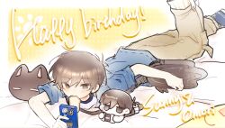 2boys antenna_hair black_eyes black_hair black_socks black_tank_top blue_jacket blue_shoes bread bread_slice bright_pupils brown_pants cat character_bag character_name colored_skin dual_persona food food_in_mouth handheld_game_console happy_birthday hapr_(noneprice) highres holding holding_handheld_game_console jacket lying mewo mini_person miniboy mouth_hold multiple_boys omori omori_(omori) on_stomach pants shirt shoes short-sleeved_jacket short_sleeves shorts sneakers socks something_(omori) striped_clothes striped_shorts sunny_(birthday)_(omori) sunny_(omori) t-shirt tank_top toast toast_in_mouth vertical-striped_clothes vertical-striped_shorts white_pupils white_shirt white_shorts white_skin