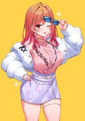 1girl ahoge bare_shoulders blush brown_hair cowboy_shot cropped_jacket earrings fragir highres holding holding_removed_eyewear hololive hololive_dev_is ichijou_ririka jacket jewelry medium_hair one_eye_closed open_clothes open_jacket pink_hair pink_shirt purple_skirt red_eyes shirt simple_background skindentation skirt solo sunglasses thigh_strap unworn_eyewear virtual_youtuber white_jacket yellow_background