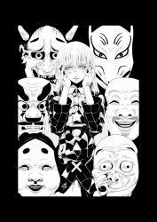 1girl commentary_request fox_mask hands_on_own_face hannya hata_no_kokoro highres hyottoko_mask jacket long_hair mask monochrome noh_mask parted_lips smile tengu_mask touhou yamada_satoshi