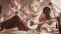 1boy absurdres acoustic_guitar balloon black_choker black_undershirt brown_coat brown_pants chibi choker coat computer_keyboard cup green_eyes guitar hair_between_eyes highres holostars instrument jewelry legs_on_table looking_at_viewer male_focus microphone_stand number_balloon pants pendant pink_hair pop_filter rikka_(1st_costume)_(holostars) rikka_(3rd_costume)_(holostars) rikka_(4th_costume)_(holostars) rikka_(5th_costume)_(holostars) rikka_(6th_costume)_(holostars) rikka_(holostars) ring short_hair single_sleeve sitting smile solo stuffed_animal stuffed_toy sweater teddy_bear teeth v-neck virtual_youtuber white_sweater yu_yu_(yuyuuuu99550771)