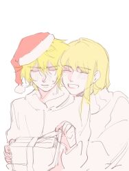2boys androgynous blonde_hair canute christmas christmas_present closed_eyes gift hair_between_eyes hat highres male_focus multiple_boys prince santa_hat simple_background sketch smile sweat thorfinn viking vinland_saga white_background