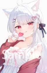 1girl :q ahoge animal_ear_fluff animal_ears breasts candy cardigan cat_ears cat_girl cleavage closed_mouth dress food hair_ornament heart heart_hair_ornament holding holding_candy holding_food holding_lollipop indie_virtual_youtuber lollipop long_hair medium_breasts red_cardigan red_eyes rika_(kuroneko_datenn) sese_nagi simple_background solo tongue tongue_out watermark white_background white_dress white_hair
