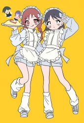 2girls :o :q alternate_costume apron arcadia_(nls209207) back_bow black_eyes black_hair bow braid bright_pupils brown_eyes brown_hair character_doll chinese_commentary commentary_request enmaided flat_color food frilled_apron frills fujii_ayame full_body futsuu_no_keion-bu hair_bow hand_up hatono_chihiro highres holding holding_plate jacket jersey_maid ketchup kouyama_rin loose_socks maid maid_apron maid_headdress multiple_girls omelet omurice parted_lips plate shoes shorts simple_background sleeves_past_wrists sneakers socks standing standing_on_one_leg tongue tongue_out track_jacket twin_braids twintails uchida_momo unconventional_maid waitress white_pupils yellow_background