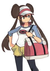 Rule 34 | 1girl, bag, black pantyhose, blue eyes, closed mouth, cowboy shot, double bun, hair bun, hand on own hip, highres, long hair, looking to the side, nintendo, pantyhose, pink bag, pokemon, pokemon bw2, rosa (pokemon), shirt, shorts, shoulder bag, smile, solo, three-quarter sleeves, tikuwabu 33, twintails, visor cap, white background, yellow shorts