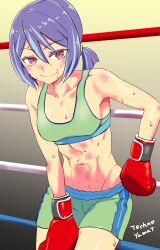 Rule 34 | 1girl, boxing, boxing gloves, boxing ring, bruise, bruise on face, groin, injury, navel, original, shorts, sweat, sweatdrop, tagme, yasuda makoto