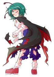 Rule 34 | 1girl, alphes (style), antennae, back, black cape, blue shorts, blush, buttons, cape, commentary request, dairi, defeat, full body, green eyes, green hair, imperishable night, juliet sleeves, large variant set, loafers, long sleeves, open mouth, parody, puffy sleeves, red cape, red shoes, rider kick, shirt, shirt tucked in, shoes, short hair, shorts, smile, socks, solo, style parody, sweatdrop, tachi-e, torn clothes, touhou, transparent background, two-sided cape, two-sided fabric, variant set, white shirt, white socks, wriggle nightbug