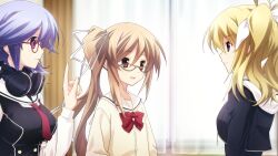 3girls arimura_hinae asymmetrical_sidelocks black_dress black_jacket black_trim black_vest blazer blonde_hair blurry blurry_background bow breasts brown_hair brown_jacket buttons chaos;child chest_bow closed_mouth collarbone cropped_jacket curtains double-breasted dress dress_vest ears_visible_through_hair flat_chest food_in_mouth from_side game_cg glasses hair_bow hand_up headphones headphones_around_neck hekiho_academy hekiho_academy_school_uniform highres hood ikayaki index_finger_raised indoors jacket kazuki_hana large_breasts long_sleeves looking_at_another medium_breasts multiple_girls multiple_hair_bows necktie non-web_source official_art one_side_up open_mouth red_bow red_necktie round_eyewear sailor_collar sailor_shirt sasaki_mutsumi shiny_lips shirt short_necktie smile tongue vest white_bow white_hood white_sailor_collar white_sleeves white_trim window yamazoe_uki