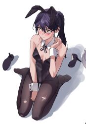 Rule 34 | 1girl, absurdres, animal ears, black hair, black leotard, blush, breasts, cleavage, detached collar, fake animal ears, from above, gundam, gundam gquuuuuux, highres, leotard, long hair, medium breasts, nyaan (gundam gquuuuuux), otakulifewow, pantyhose, playboy bunny, ponytail, shoes, simple background, sitting, solo, torn clothes, torn pantyhose, unworn shoes, wariza, white background, wrist cuffs, yellow eyes