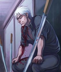 1boy akagi akagi:_yami_ni_oritatta_tensai akagi_shigeru blood collared_shirt fukumoto_mahjong katana male_focus pain shirasaya shirt solo sweat sword weapon white_hair
