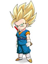 Rule 34 | 1boy, adapted costume, blonde hair, blue pants, blue tunic, boots, chibi, dougi, dragon ball, dragon ball daima, dragonball z, full body, gloves, green eyes, highres, male focus, medium hair, orange shirt, pants, ruyi jingu bang, shirt, simple background, solo, spiked hair, super saiyan, super saiyan 1, tunic, vegetto, white background, white boots, white gloves, yun the bit