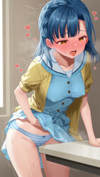 Rule 34 | 1girl, absurdres, asymmetrical bangs, belt, blue belt, blue dress, blue hair, blue panties, blush, bow, bow panties, braid, breasts, buttons, clothes lift, covered erect nipples, crotch rub, crown braid, dress, dress lift, female masturbation, full-face blush, hand on own stomach, heart, highres, idolmaster, idolmaster million live!, indoors, jacket, leaning forward, leaning on table, lifting own clothes, masturbation, masturbation through clothes, medium breasts, nanao yuriko, open clothes, open jacket, open mouth, panties, pussy juice, pussy juice drip through clothes, pussy juice stain, short sleeves, solo, spoken heart, straight hair, striped clothes, striped panties, sweat, table, table humping, tearing up, teeth, tongue, tongue out, toritori miri, underwear, upper teeth only, yellow eyes, yellow jacket