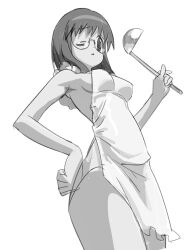1girl :&lt; apron breasts closed_mouth cowboy_shot from_below glasses greyscale hand_on_own_hip highres holding iniooooo medium_breasts monochrome naked_apron one_eye_closed original round_eyewear short_hair simple_background sketch solo standing white_background