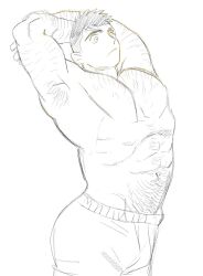 Rule 34 | 1boy, abs, arm hair, armpits, arms behind head, bara, boxers, cowboy shot, dickfish (fishismdick), greyscale, hairy, highres, john rottweil (dickfish), large pectorals, looking ahead, male focus, male underwear, mature male, monochrome, muscular, muscular male, navel, navel hair, nipples, original, pectorals, short hair, sketch, solo, standing, stomach, thick eyebrows, thick navel hair, topless male, undercut, underwear