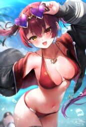 1girl :d absurdres adjusting_eyewear arm_up bikini black_jacket blurry blurry_background breasts day double-parted_bangs earrings eyewear_on_head fang gold_necklace hair_between_eyes hair_ribbon halterneck heart heart-shaped_eyewear heart_earrings heart_necklace heterochromia highres hololive hood hooded_jacket houshou_marine houshou_marine_(summer) jacket jewelry large_breasts long_hair looking_at_viewer maru_ccy navel necklace official_alternate_costume open_mouth outdoors red_bikini red_eyes red_hair red_jacket ribbon skin_fang smile solo stomach sunglasses swimsuit twintails two-sided_fabric two-sided_jacket virtual_youtuber water_drop yellow_eyes