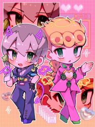 Rule 34 | 2boys, belt, black gloves, blonde hair, blue pants, blush, braid, braided ponytail, chibi, clothing cutout, commentary, commentary request, demon horns, demon tail, demon wings, drawn halo, drawn horns, drawn tail, drawn wings, drugs, earrings, fingerless gloves, giorno giovanna, gloves, green eyes, grey hair, hair between eyes, halo, heart, heart ornament, high collar, highres, holding, hood, hood down, horns, jacket, jewelry, jodio joestar, jojo no kimyou na bouken, ladybug ornament, long bangs, long sleeves, looking at viewer, male focus, multicolored hair, multiple boys, open mouth, pants, pink jacket, pink pants, pixel heart, purple belt, rairack777, short hair, short sleeves, side braid, single braid, smile, sparkle, tail, the jojolands, two-tone hair, vento aureo, wing ornament, wings, zoom layer