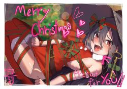 black_hair blush breasts christmas fur_trim gift_wrapping hat heaven_burns_red highres long_hair merry_christmas red_eyes santa_costume small_breasts tenne_miko very_long_hair witch_hat zarbon_saya