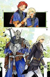1boy 1girl aged_down armor blonde_hair brother_and_sister drenched-in-sunlight duchess_(elden_ring) elden_ring elden_ring_nightreign gloves helmet highres long_hair siblings smile weapon winged_helmet wylder_(elden_ring)