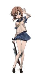1girl absurdres arm_up black_shoes blood bloody_weapon blue_eyes blue_sailor_collar blue_skirt brown_hair censored full_body highres higurashi_no_naku_koro_ni holding holding_weapon ixerx0 looking_at_viewer mosaic_censoring nata_(tool) neckerchief open_mouth pleated_skirt ryuuguu_rena sailor_collar school_uniform serafuku shirt shoes short_hair short_sleeves simple_background skirt smile socks solo standing thigh_gap waving weapon white_background white_shirt white_socks yellow_neckerchief