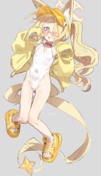 :o animal_ear_fluff animal_ears blue_archive clothing_cutout covered_navel cross_halo diamond_cutout extra_ears feet fox_ears fox_girl fox_tail grey_background hair_over_one_eye halo highleg highleg_one-piece_swimsuit highres jacket knees_together_feet_apart loli long_hair long_sleeves multicolored_eyes nemo_(leafnight) off_shoulder one-piece_swimsuit one_eye_covered open-toe_shoes open_mouth paw_pose sandals see-through_clothes see-through_footwear seia_(blue_archive) seia_(swimsuit)_(blue_archive) side_ponytail simple_background sleeves_past_fingers sleeves_past_wrists swimsuit tail tail_ornament thighs tinted_eyewear toes very_long_hair very_long_tail visor_cap yellow_halo yellow_jacket yellow_sandals