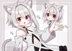 1girl :d ahoge animal_ear_fluff animal_ears bare_shoulders black_choker black_skirt blush cat_ears cat_girl cat_tail chibi chibi_inset choker closed_mouth clothing_cutout criss-cross_halter dress frilled_dress frills grey_hair hair_between_eyes hair_intakes halterneck hand_up highres long_sleeves looking_at_viewer lua_(vrchat) medium_hair multiple_views off-shoulder_dress off_shoulder open_mouth red_eyes shirt short_hair_with_long_locks sidelocks skirt smile tail upper_body vrchat white_dress yukino_(weem4554)