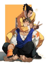 2boys :/ arm_around_neck barefoot black_hair black_pants black_shoes blue_eyes blue_hoodie blush braid brown_eyes brown_hair closed_mouth dark-skinned_male dark_skin earrings facial_scar fingerless_gloves flavedochen full_body gloves heart highres hood hood_down hoodie indian_style jacket jamie_siu jewelry long_sleeves looking_at_another looking_up luke_sullivan male_focus mma_gloves multicolored_hair multiple_boys multiple_scars one_eye_closed pants partially_unzipped piercing print_shirt scar scar_across_eye scar_on_cheek scar_on_face shirt shoelaces shoes short_sideburns short_sleeves single_bang single_braid sitting sleeveless sleeveless_hoodie smile sneakers spoken_heart squatting street_fighter street_fighter_6 stud_earrings sweatdrop t-shirt two-tone_hair v white_trim yellow_jacket yellow_pants