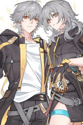 1boy 1girl absurdres an_junjyue belt black_belt black_coat black_gloves black_jacket black_pants black_skirt bubble_tea caelus_(honkai:_star_rail) chain chinese_commentary closed_mouth coat coffee collarbone collared_jacket commentary_request cream cup diamond-shaped_pupils diamond_(shape) disposable_coffee_cup disposable_cup drinking_straw dual_persona gloves gold_chain grey_hair hair_between_eyes hand_up highres holding holding_cup honkai:_star_rail honkai_(series) hood hooded_coat jacket long_hair long_sleeves looking_at_viewer miniskirt open_clothes open_coat open_jacket pants pocket_watch shirt short_hair sidelocks simple_background skirt standing stelle_(honkai:_star_rail) symbol-shaped_pupils t-shirt teeth trailblazer_(honkai:_star_rail) two-sided_coat two-sided_fabric watch white_background white_shirt yellow_coat yellow_eyes