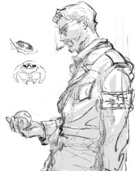 1boy ball beard cigarette expressionless facial_hair glasses highres holding holding_ball jacket looking_down male_focus marley_military_uniform n9c4z profile shingeki_no_kyojin short_hair simple_background sketch smoking solo standing white_background zeke_yeager