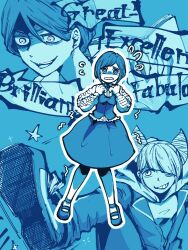 1boy 2girls blue_theme collared_shirt commentary_request cone_hair_bun double_bun english_text flying_sweatdrops frilled_shirt frilled_sleeves frills fukurai_azami hair_bun hair_over_one_eye kicking long_sleeves looking_at_viewer meguriya_ayumu monochrome multiple_girls open_mouth outline shirt shoe_soles short_hair smile speech_bubble standing star_(symbol) tami_(tamibohya) tears tomarigi_yasumi toshi_densetsu_kaitai_center white_outline worried