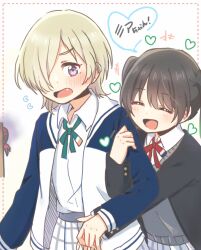 3girls :d ^_^ arm_hug aura black_hair black_jacket blonde_hair blush closed_eyes collared_shirt colored_speech_bubble commentary_request dark_aura flying_sweatdrops gradient_hair green_hair grey_sweater heart heart-shaped_speech_bubble highres jacket letterman_jacket looking_at_another looking_back love_live! love_live!_nijigasaki_high_school_idol_club medium_hair mia_taylor multicolored_hair multiple_girls neck_ribbon open_clothes open_jacket open_mouth plaid_clothes plaid_skirt pleated_skirt purple_eyes red_ribbon ribbon shirt short_hair skirt smile speech_bubble sweater takasaki_yu translation_request twintails uehara_ayumu v-neck v-shaped_eyebrows white_jacket white_shirt white_skirt yoon_(yoon_lovelive)