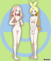 2girls absurdres ahoge antenna_hair anthea_(pokemon) armpits artist_name barefoot blonde_hair braid braided_ponytail breasts brown_eyes clenched_hands collarbone completely_nude concordia_(pokemon) eyelashes feet female_focus forehead full_body groin hands_up heel_up highres legs legs_together light_smile long_hair long_sidelocks looking_at_viewer matching_hair/eyes multiple_girls navel neck nilterguy nintendo nipples nude nude_filter official_art_nude_filter open_mouth own_hands_together parted_bangs pink_eyes pink_hair poke_ball_symbol pokemon pokemon_bw pussy sidelocks small_breasts standing thighs third-party_edit toenails toes two-tone_background unworn_clothes v_arms