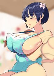 1girl ^_^ amidori apron backless_outfit blue_hair blunt_bangs blurry blurry_background blush bowl_cut breasts cleavage closed_eyes collarbone depth_of_field floral_print floral_print_apron flower foreshortening green_apron groin hair_flower hair_ornament happy highres huge_breasts incoming_hug indoors naked_apron outstretched_arms pink_flower senran_kagura senran_kagura_shinovi_versus shiny_skin short_hair sideboob smile solo spread_arms yozakura_(senran_kagura)