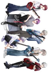 Rule 34 | 6+boys, ahoge, amplifier, belt, black belt, black boots, black choker, black pants, black shirt, black shoes, blue eyes, blue jacket, blue pants, boots, brown hair, brown pants, brown shoes, brown sweater vest, choker, closed mouth, clothes writing, collared shirt, colored inner hair, commentary request, dark-skinned male, dark skin, ear piercing, earrings, electric guitar, fangs, fuwa minato, green eyes, grey hair, grey shirt, guitar, hair between eyes, hair intakes, hair over shoulder, hand up, highres, holding, holding guitar, holding instrument, holding microphone, holding plectrum, ibrahim (nijisanji), instrument, jacket, jewelry, kanae (nijisanji), knee up, kuzuha (nijisanji), lauren iroas, layered sleeves, long hair, long sleeves, looking at viewer, male focus, microphone, microphone cord, mole, mole under eye, multicolored eyes, multicolored hair, multicolored shoes, multiple boys, music, necklace, nijisanji, open clothes, open jacket, open mouth, pants, parted bangs, piercing, pink hair, playing guitar, playing instrument, plectrum, pointy ears, ponytail, purple eyes, purple hair, purple shoes, red eyes, red hair, red shirt, ring, sample watermark, shirt, shirt tucked in, shoes, short hair, short over long sleeves, short sleeves, sideways, simple background, sitting, sleeves rolled up, smile, sneakers, squatting, standing, streaked hair, sweater vest, teeth, torn clothes, torn pants, two-tone eyes, two-tone hair, two-tone shoes, upper teeth only, virtual youtuber, w@i, watarai hibari, watermark, white background, white hair, white shirt, white shoes, yellow eyes