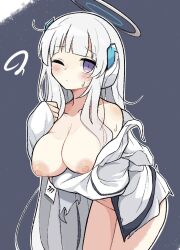 1girl arm_under_breasts az84997592 blue_archive blush breasts cleavage closed_mouth cowboy_shot grey_hair halo jacket large_breasts leaning_forward long_hair looking_at_viewer nipples noa_(blue_archive) one_eye_closed open_clothes open_jacket purple_eyes simple_background sleeves_past_wrists solo very_long_hair white_halo white_jacket