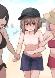 3girls absurdres baseball_cap beach bikini black_bikini black_hat blue_male_swimwear blue_swim_trunks blush breasts brown_hair collarbone commentary_request cowboy_shot crossdressing d: day embarrassed exhibitionism faceless faceless_female groin hair_between_eyes hat highres looking_to_the_side male_swimwear male_swimwear_challenge male_swimwear_pull medium_hair multiple_girls navel nipples open_mouth original outdoors peanut_mouth people public_indecency public_nudity raraserara red_bikini red_eyes small_breasts solo_focus sweatdrop swim_trunks swimsuit tearing_up topless_female v-shaped_eyebrows