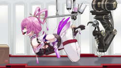 1girl anal anal_object_insertion arm_strap arms_behind_back ball_gag bare_shoulders bdsm bondage bound breasts choker clothing_cutout dress frilled_choker frilled_dress frills frogtie from_side fu_xuan_(honkai:_star_rail) gag gagged highres honkai:_star_rail honkai_(series) lilin_(pixiv_25958194) long_hair looking_at_viewer object_insertion pantyhose pink_hair restrained shibari shibari_over_clothes shoes skindentation small_breasts solo suspension white_pantyhose wiffle_gag yellow_eyes