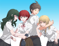 1boy 3girls bad_id bad_pixiv_id blonde_hair brown_hair danganronpa_(series) freckles green_hair hinata_hajime koizumi_mahiru kuzuryu_natsumi long_hair multiple_boys multiple_girls necktie okuragon pleated_skirt red_hair satou_(danganronpa) school_uniform short_hair short_sleeves skirt smile danganronpa_2:_goodbye_despair yellow_eyes