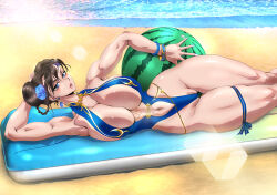 Rule 34 | 1girl, absurdres, beach, breasts, capcom, chun-li, highres, huge breasts, street fighter, swimsuit, yuri ai
