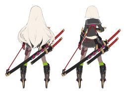 Rule 34 | 1girl, black boots, black sailor collar, black serafuku, black shirt, black skirt, blonde hair, boots, from behind, heavily armed high school girls, ichi (heavily armed high school girls), ichi (neco), katana, long hair, long sleeves, midriff peek, neco, reference sheet, sailor collar, school uniform, serafuku, shirt, skirt, sword, very long hair, weapon