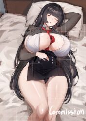 1girl areola_slip arm_behind_head bed bed_sheet black_hair black_panties breasts butterfly_tattoo closed_eyes commission dress earrings hand_on_own_stomach highres hime_cut huge_breasts jewelry long_hair long_sleeves lying necktie open_mouth original panties pantyshot pillow red_necktie riaz see-through_clothes see-through_sleeves sidelocks sleeping solo tattoo thighs underwear very_long_hair