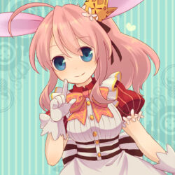 1girl ahoge animal_ears apron black_ribbon blue_eyes crown dress emil_chronicle_online frills gloves hair_ribbon looking_at_viewer lowres minnie_doe_alma pink_dress pink_hair pink_ribbon ponytail rabbit_ears rabbit_girl ribbon white_gloves yellow_(artist)