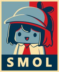._. 1girl :d absurdres barack_obama_hope_poster blue_background border chibi commentary deerstalker english_text hat highres hololive hololive_english long_sleeves necktie open_mouth parody phdpigeon red_background red_necktie revision shirt smile smol_ame solid_circle_eyes solo style_parody two-tone_background upper_body virtual_youtuber watson_amelia watson_amelia_(1st_costume) white_border white_shirt
