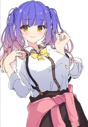 Rule 34 | 1girl, blonde hair, blue hair, blush, bow, bowtie, brown skirt, closed mouth, collared shirt, commentary, cowboy shot, dutch angle, eyelashes, flower, gradient hair, gyaru, hair flower, hair ornament, hands up, kogal, kohibari kurumi, long hair, long sleeves, looking at viewer, mizuka academy school uniform, multicolored hair, okaeru, pink flower, pink hair, playing with own hair, school uniform, shirt, sidelocks, simple background, skirt, smile, smug, solo, suspender skirt, suspenders, tenshi souzou re-boot!, twintails, white background, white shirt, yellow bow, yellow bowtie, yellow eyes