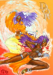 2girls absurdres aerokinesis anklet armlet aura bare_shoulders belt brown_eyes bwmkafui circlet curtained_hair dark-skinned_female dark_skin dragon_quest dragon_quest_iv dress earrings fire forehead_jewel full_body gem green_gemstone hands_up highres jewelry knee_up loincloth long_dress long_hair long_sleeves looking_at_viewer magic manya_(dq4) metal_belt metal_bikini metal_bra minea_(dq4) multiple_anklets multiple_girls navel orange_dress orb parted_bangs parted_lips purple_hair pyrokinesis siblings silver_belt single_sleeve sisters slippers smile sphere_earrings thighlet traditional_media wind