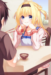 1boy 1girl absurdres apron black_hairband black_thighhighs blonde_hair blue_apron blue_eyes blurry blush brother_and_sister brown_hair chitose_haruki chitose_sana chopsticks clenched_hands closed_mouth commentary cowboy_shot day depth_of_field double_bun elbows_on_table eyes_visible_through_hair hair_between_eyes hair_bun hair_intakes hairband hands_up happy highres holding holding_chopsticks indoors long_hair long_sleeves looking_at_another making-of_available miniskirt on_chair pink_serafuku pink_shirt pink_skirt plaid_apron plaid_clothes pleated_skirt red_sailor_collar ririi_(ai-my_talikng) sailor_collar school_uniform serafuku shirt short_hair siblings sitting skirt smile solo_focus spiked_hair table tenshinranman thighhighs twitter_username two_side_up window zettai_ryouiki