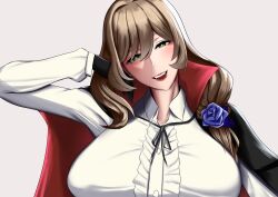1girl absurdres breasts brown_hair coat coat_on_shoulders fangs flower genshin_impact green_eyes hair_flower hair_ornament hans-kun highres large_breasts lisa_(genshin_impact) long_hair looking_at_viewer purple_flower shirt simple_background smile solo vampire vampire_costume white_background white_shirt